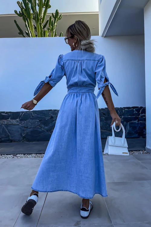 Collar Button Front Denim Puff Sleeve Maxi Shirt Dress