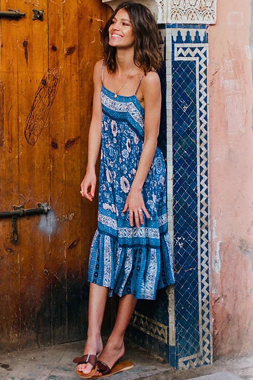 Square Neck Spaghetti Strap Bohemian Floral Border Print Ruffle Hem Midi Dress