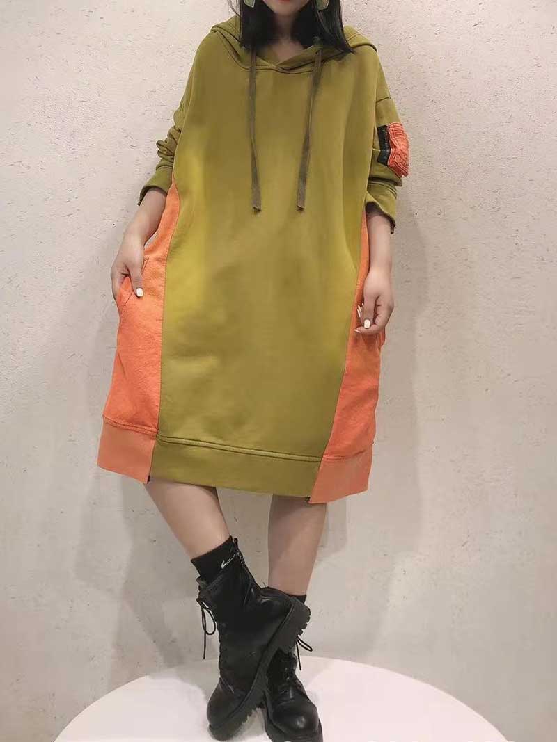 Hooded Color Block Long Sleeve Zip Pocket Midi Sweatshirt Dress