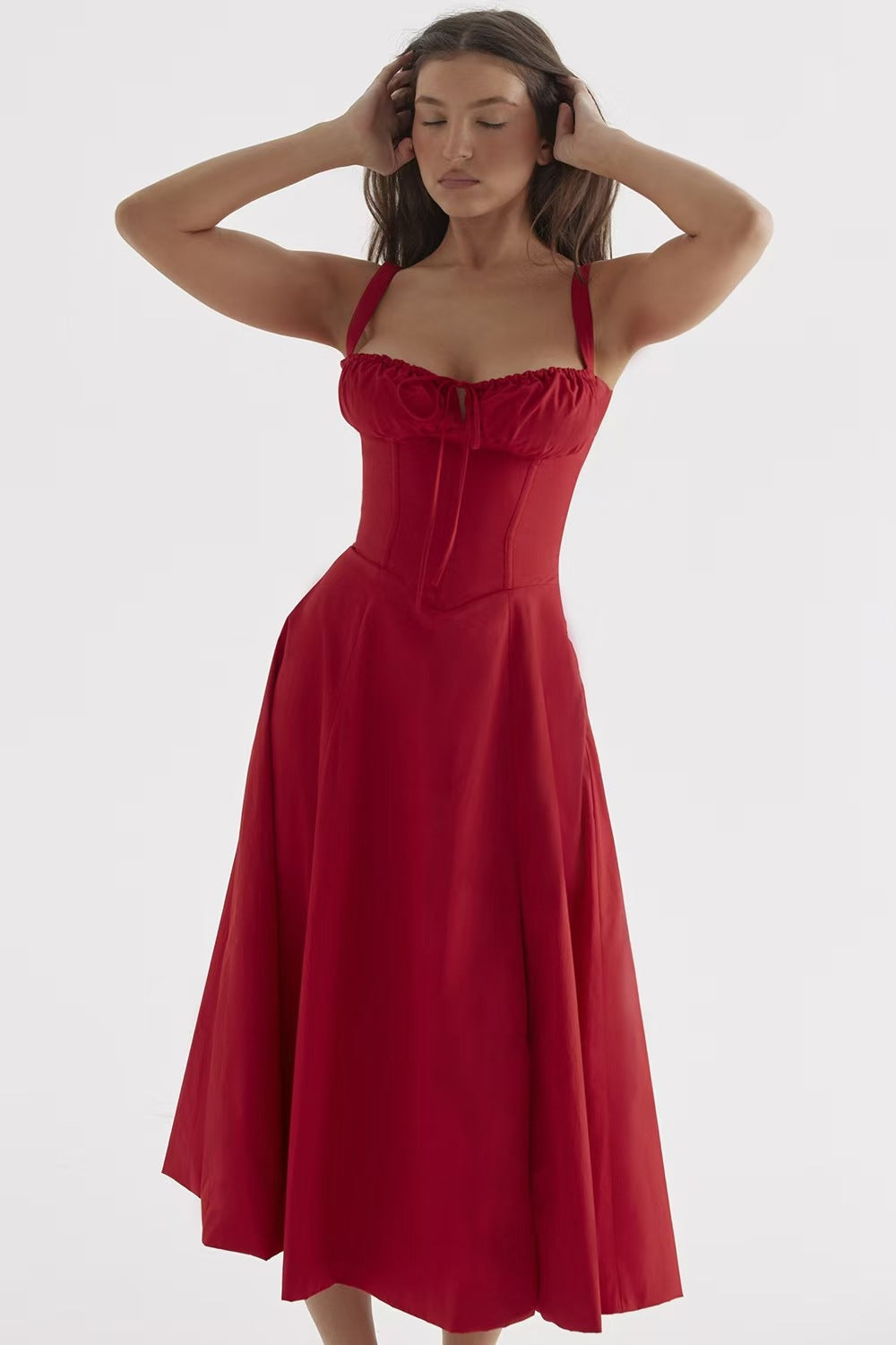 Tie Strap Ruched Sweetheart Corset Bodice Midi Dress