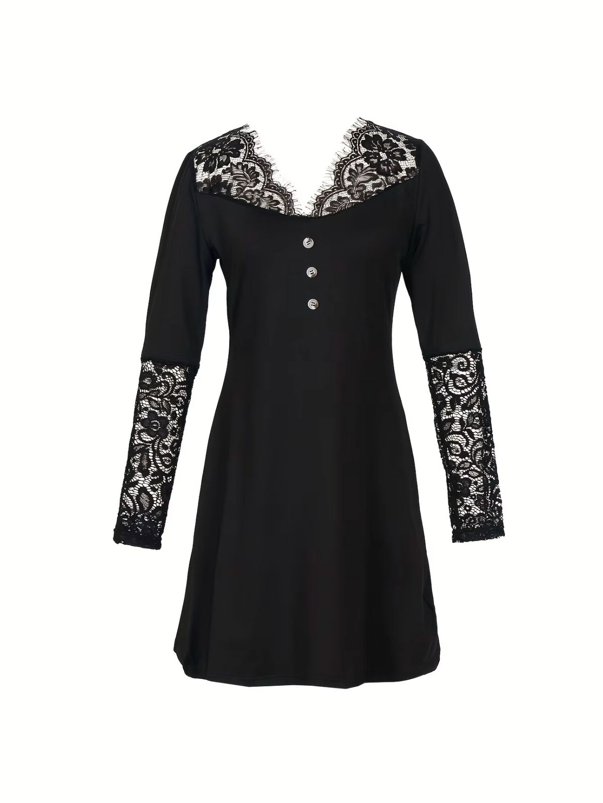 Floral Lace Yoke V-Neck Button-Front Lace Cuff Bodycon Mini Dress