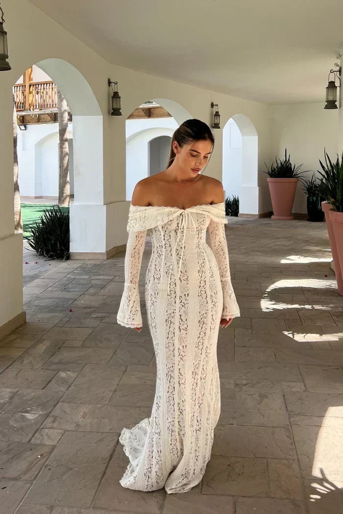Off Shoulder Lace Foldover Collar Bell Cuff Mermaid Maxi Gown
