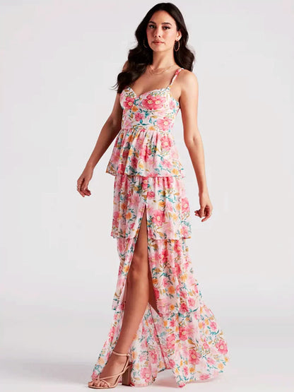 Sweetheart Neck Tiered Ruffle Floral Print High Slit Maxi Dress