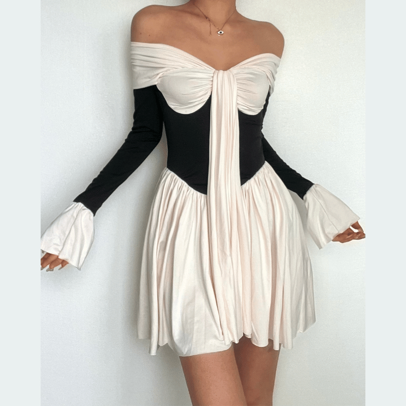 Off Shoulder Sweetheart Ruched Bell Cuff Corset Waist Pleated Mini Dress