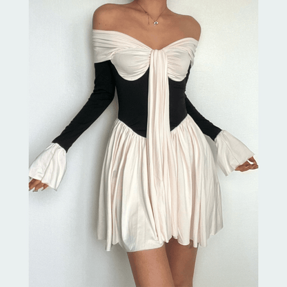 Off Shoulder Sweetheart Ruched Bell Cuff Corset Waist Pleated Mini Dress