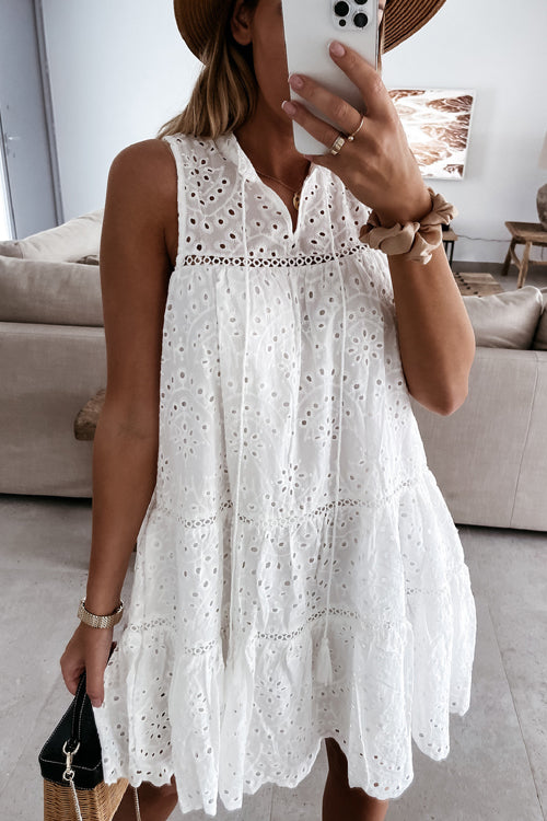 Tie Neck Eyelet Crochet Tiered Babydoll Mini Dress