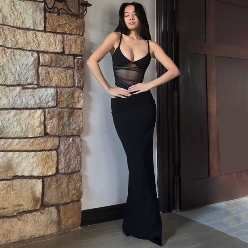 Deep V Neck Sheer Mesh Ruched Panel Sleeveless Maxi Dress