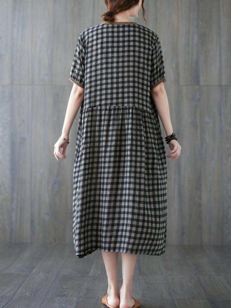 V Neck Braided Trim Gingham Check Smock Empire Midi Dress