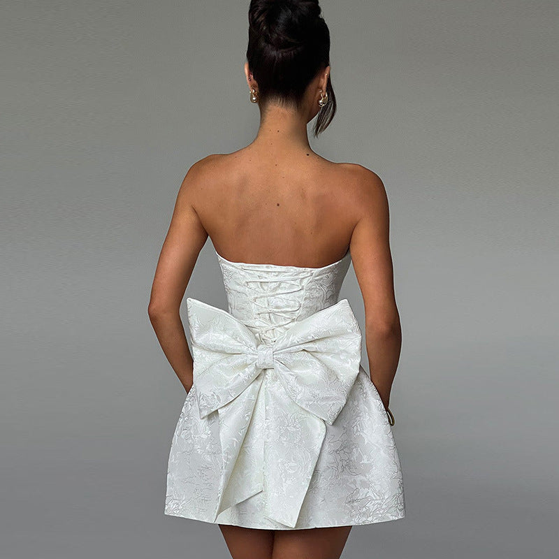 Strapless Brocade Floral Structured Bow Detail Tulip Mini Dress