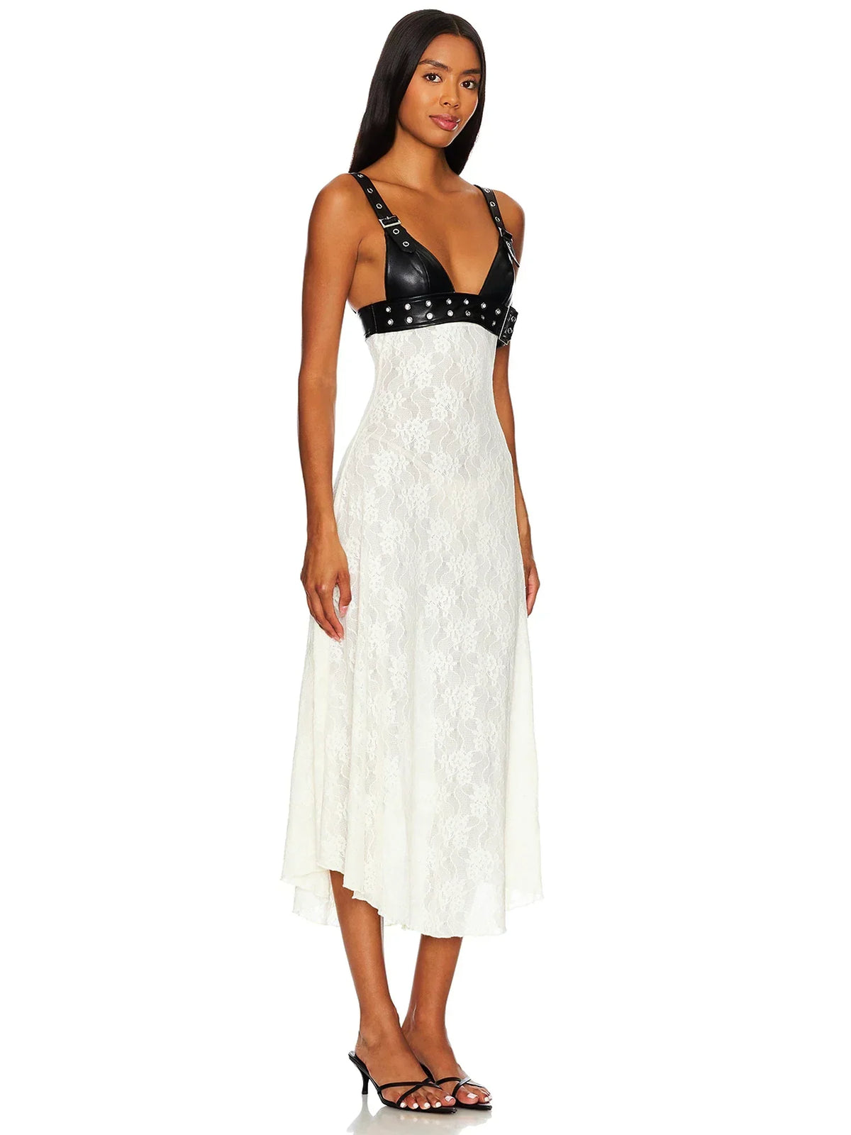 Studded Faux Leather Bustier Floral Lace Midi Dress