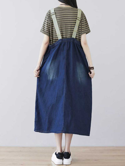Bib Front Cargo Pocket Zip Front Denim Overall Midi Dress