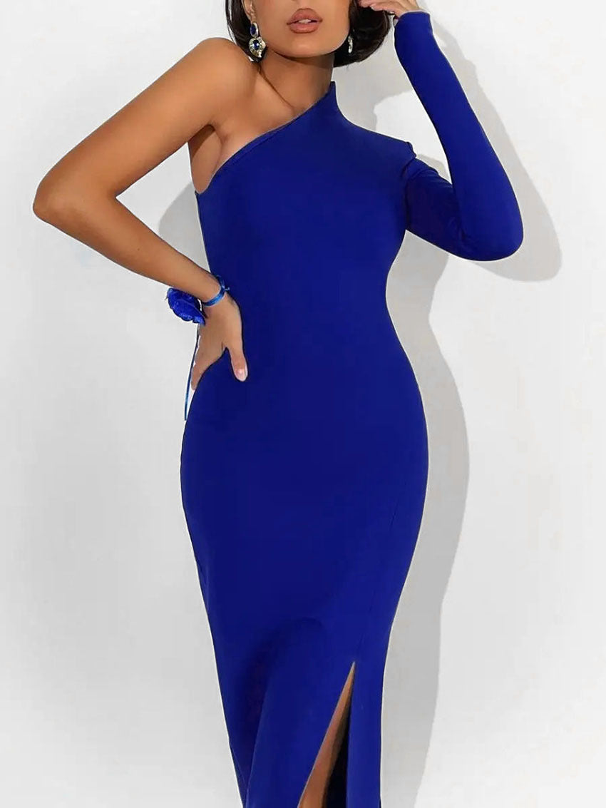 One Shoulder Mock Neck Fitted High Slit Column Maxi Gown
