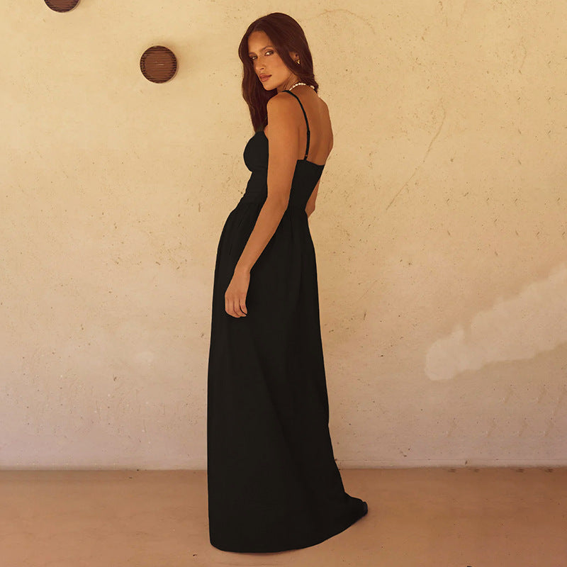 Spaghetti Strap V Neck Dropped Waist Gathered Front Slit Maxi Dress