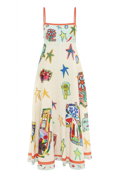 Spaghetti Strap Square Neck Illustrative Print Empire Waist Midi Dress