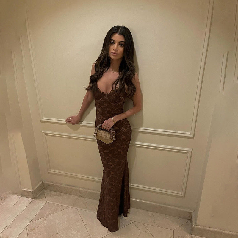 Spaghetti Strap Sweetheart Lace Maxi Dress