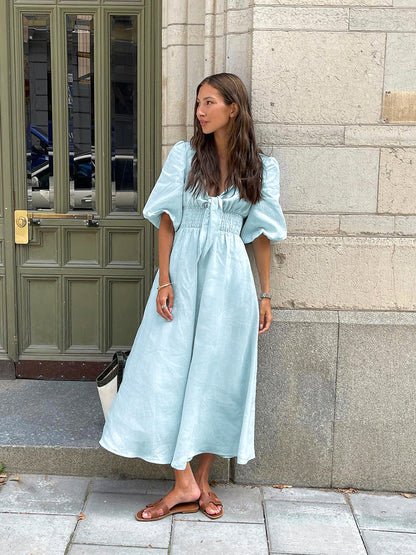 Sweetheart Neck Tie Front Smocked Puff Sleeve Linen Midi Dress