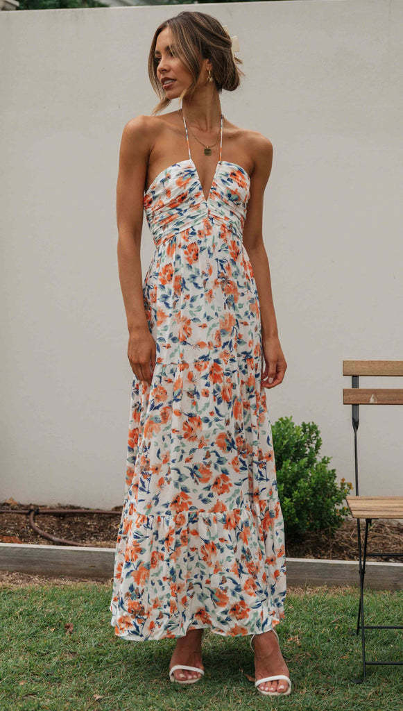 Halter Neck Plunging V Neck Ruched Tiered Floral Print Maxi Dress