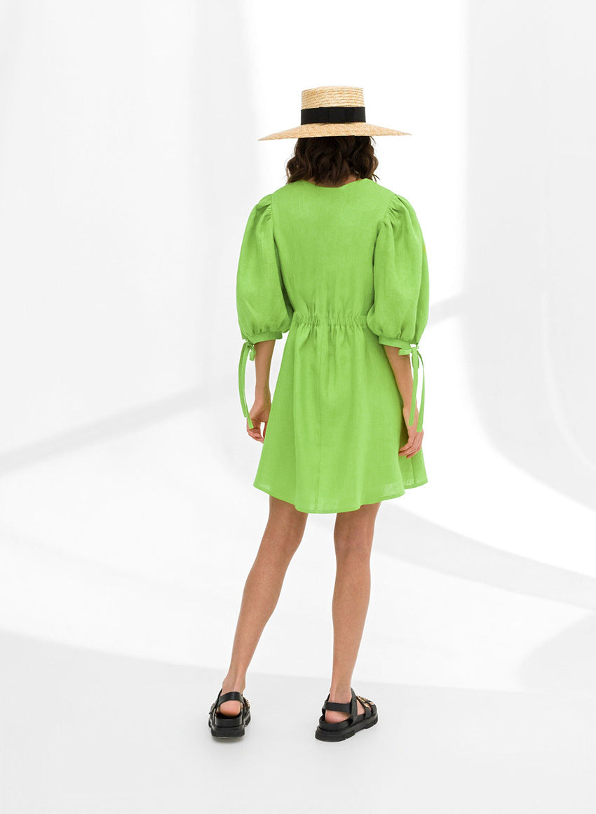 Deep V Neck Puff Sleeve Tie Cuff Empire Waist Linen Mini Dress