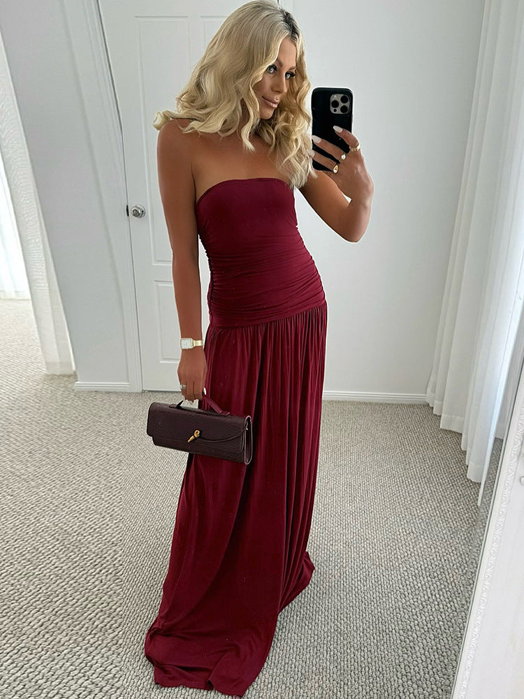 Strapless Ruched Bodice Flowy Gathered Skirt Floor Length Maxi Dress