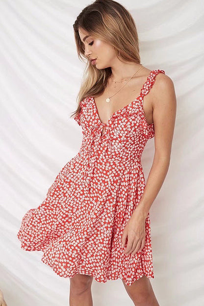 V Neck Tie Front Ruffle Strap Ditsy Floral Flared Mini Dress