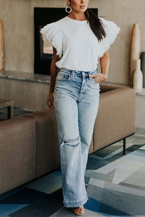 Round Neck Polka Dot Ruffle Short Sleeves Top