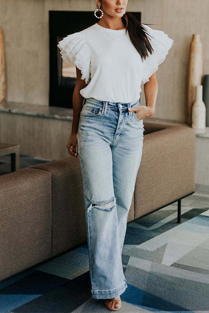 Round Neck Polka Dot Ruffle Short Sleeves Top