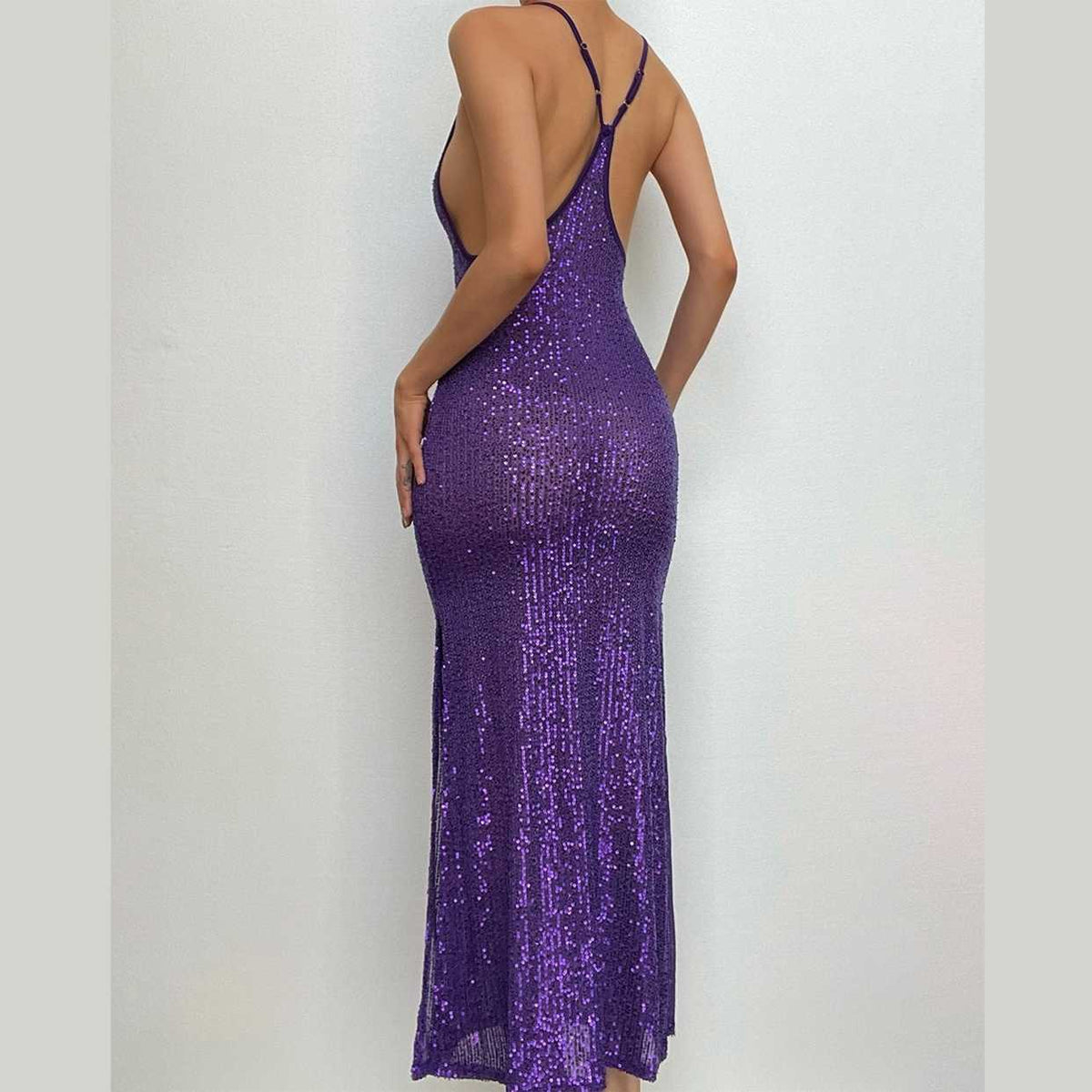 Sequin Spaghetti Strap Low Open Back Bodycon Maxi Dress
