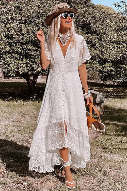 Deep V Neck Short Lace Sleeve Button Front High Low Ruffle Embroidered Maxi Dress