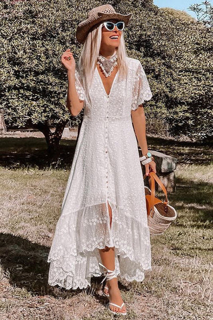 Deep V Neck Short Lace Sleeve Button Front High Low Ruffle Embroidered Maxi Dress