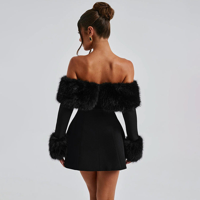 Off Shoulder Faux Fur Trim Long Sleeve A-Line Mini Dress