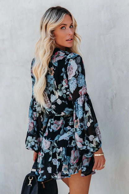 Floral Print V-Neck Button-Front Drawstring Waist Ruffle Hem Mini Dress
