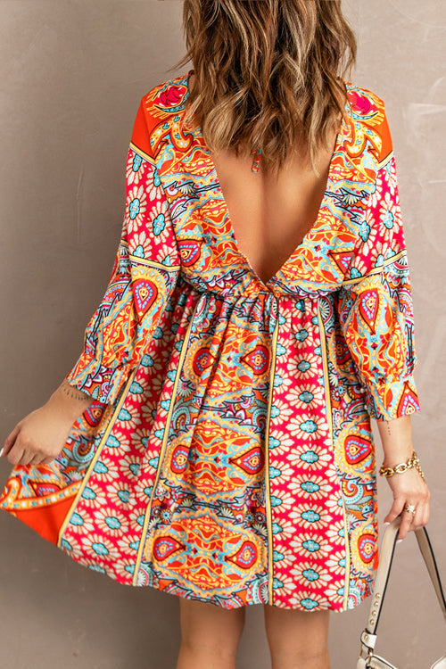 Deep V-Neck Long Sleeve Empire Waist Paisley Print Boho Mini Dress
