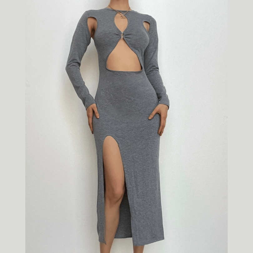 Crew Neck O-Ring Keyhole Cold Shoulder Cutout Long Sleeve Slit Maxi Dress