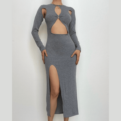 Crew Neck O-Ring Keyhole Cold Shoulder Cutout Long Sleeve Slit Maxi Dress