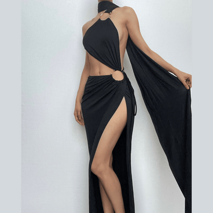 Choker Halter O Ring Cutout High Slit Draped Train Panel Maxi Dress