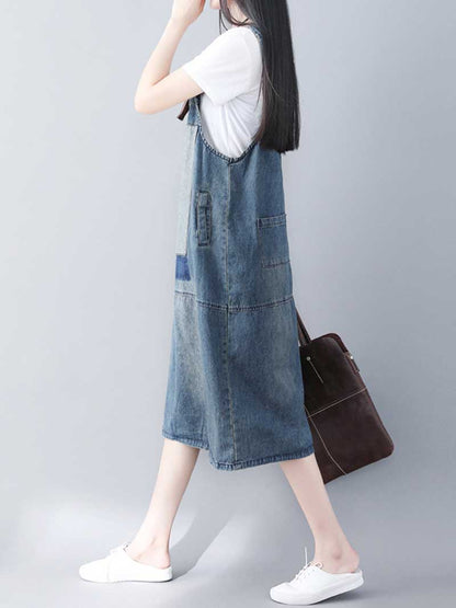 Patchwork Lace Panel Denim Pinafore Overall Midi Dress