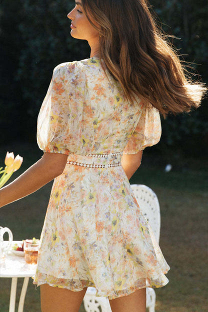 Deep V Crochet Trim Empire Floral Puff Sleeve Mini Dress