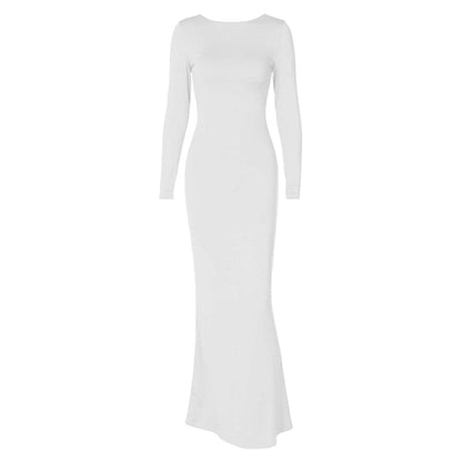 Crew Neck Long Sleeve Lace-Up Back Bodycon Mermaid Hem Maxi Dress