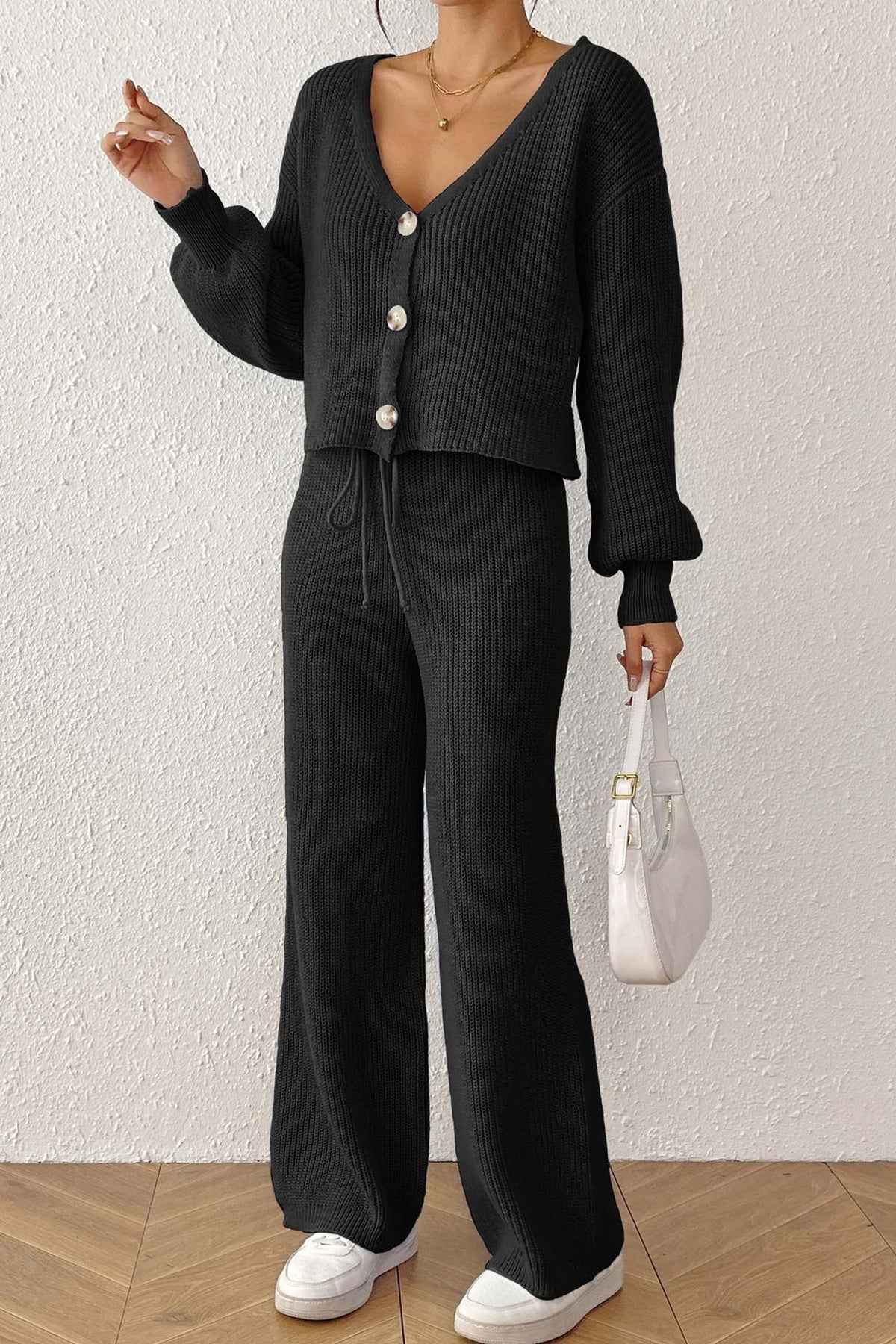Button-down Crop Cardigan Pants Set
