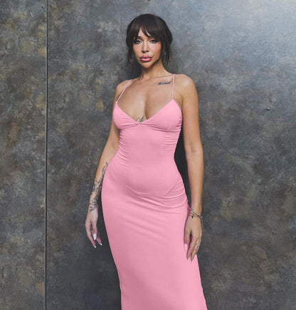 Spaghetti Strap Deep V-Neck Bodycon Maxi Dress
