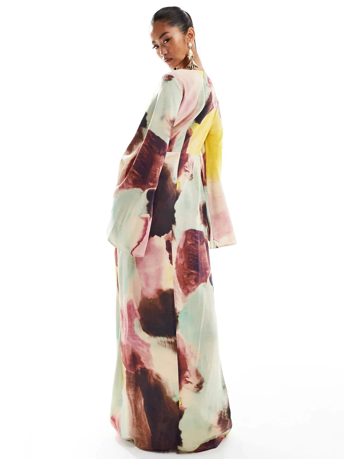 Abstract Watercolor Print Boat Neck Bell Sleeve Maxi Dress