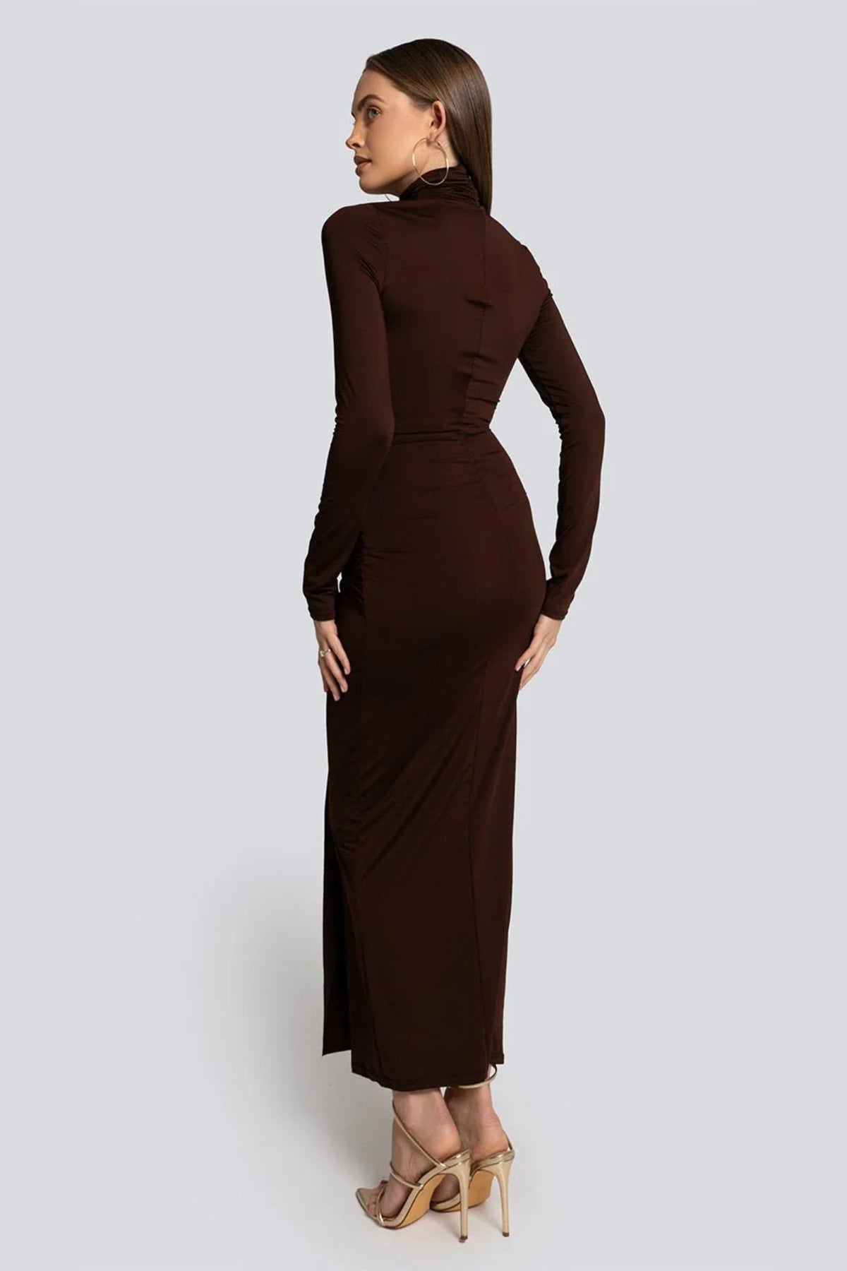 Mock Neck Knot Front Draped Panel Bodycon Maxi Dress