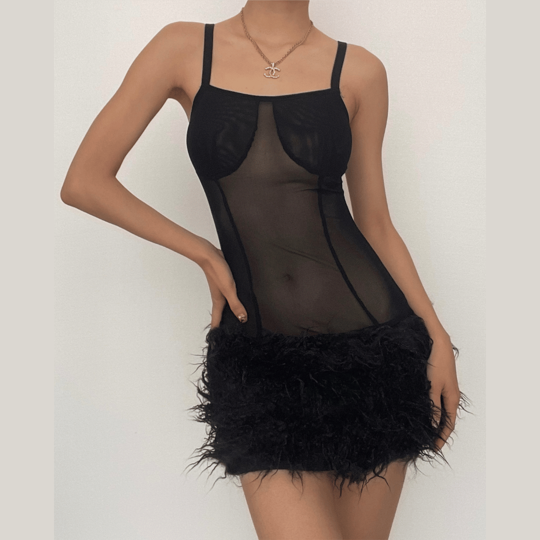 Square Neck Mesh Panel Feather Hem Bodycon Mini Dress
