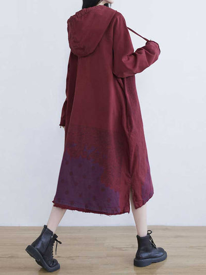 Hooded Long Sleeve Paisley Print Polka Dot Panel Midi Dress