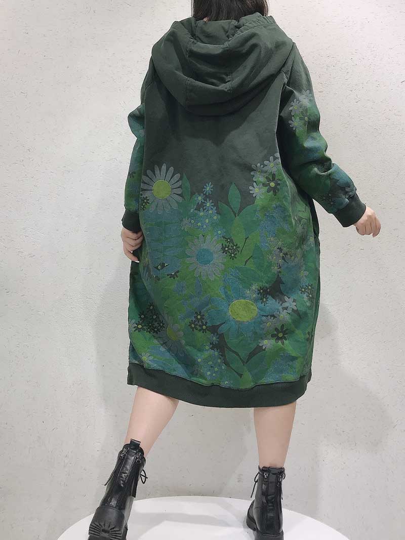 Hooded Long Sleeve Floral Print Knit Bodycon Midi Dress