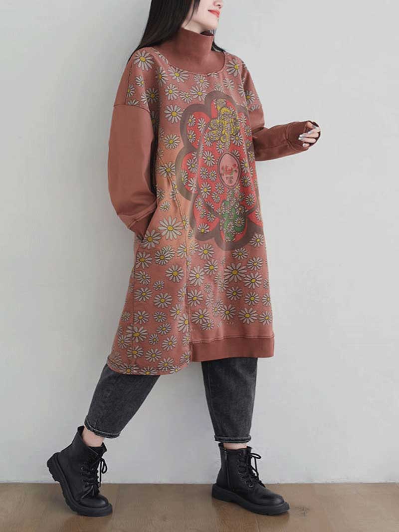 Turtleneck Floral Daisy Print Oversized Sweatshirt Midi Dress