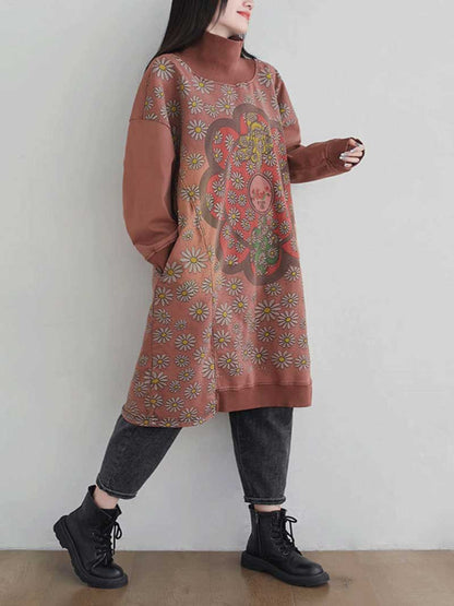 Turtleneck Floral Daisy Print Oversized Sweatshirt Midi Dress