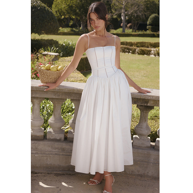 Square Neck Corset Basque Waist Pleated Midi Dress