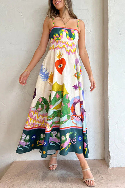 Spaghetti Strap Square Neck Illustrative Print Empire Waist Midi Dress