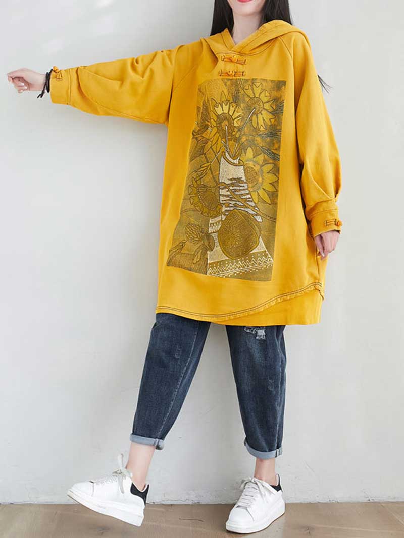 Frog Button Hood Sunflower Print Oversized Sweatshirt Dress